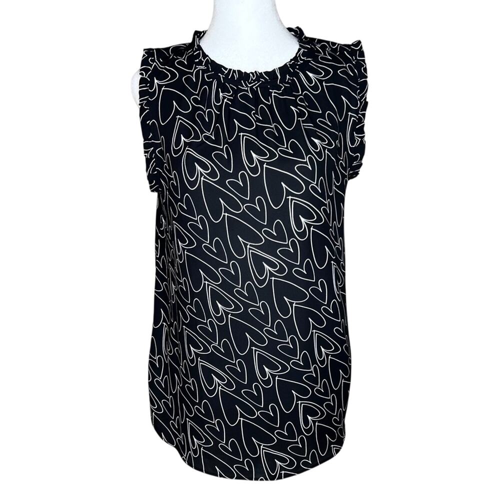 Loft Ruffle Heart Blouse S Black White Whimsical Hearts Novelty Romantic Top